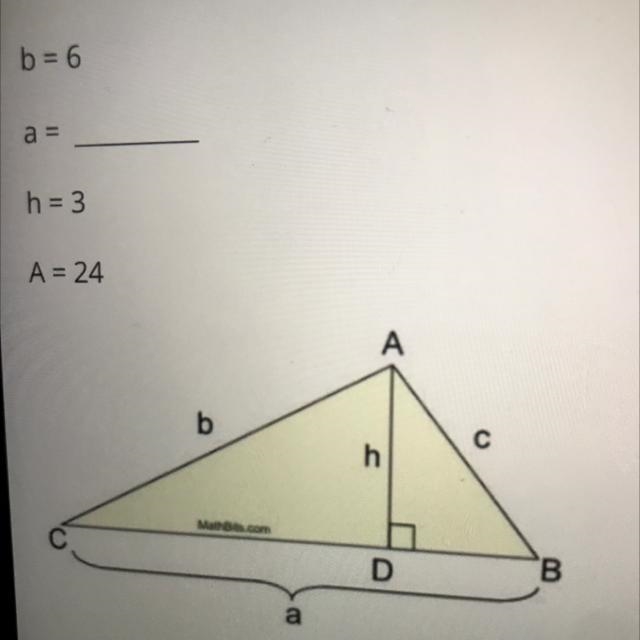 Question 4 (2 points) Solve for the missing value of the triangle below: b = 6 a = h-example-1