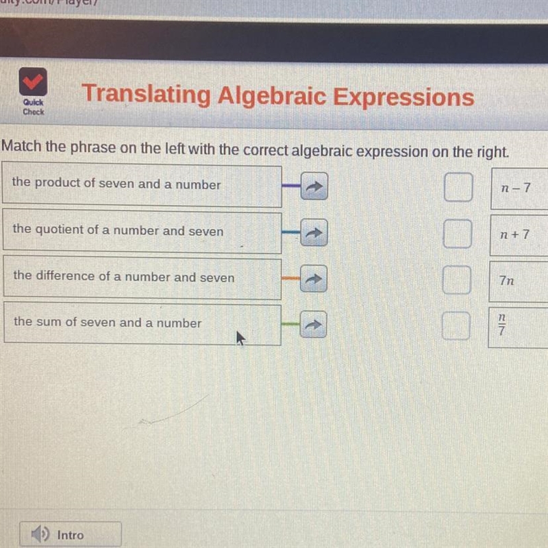 Check Match the phrase on the left with the correct algebraic expression on the right-example-1