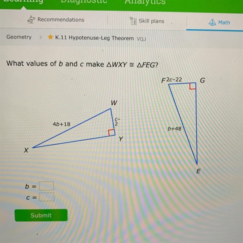 What values of b and c make WXY congruent to FEG in-example-1