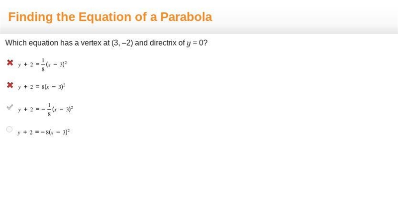 Which equation has a vertex at (3, –2) and directrix of y = 0? y + 2 = StartFraction-example-1