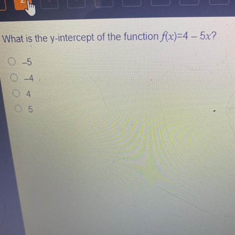 What is the y-intercept of the function f(x)=4-5x?-example-1