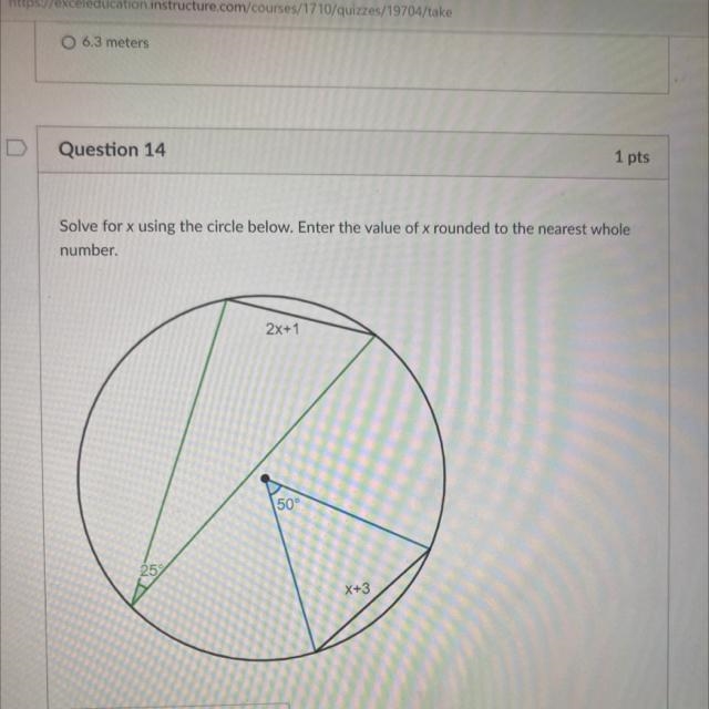 Solve for x using the circle below. Enter the value of x rounded to the nearest wholenumber-example-1