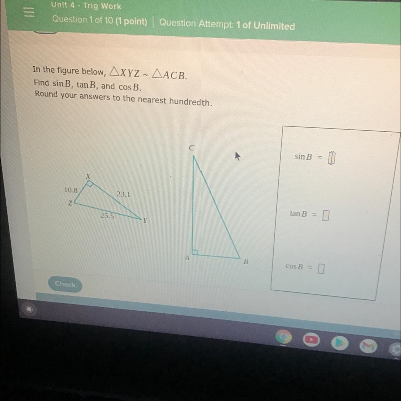 Question Opony i wesom Rep. In the figure below, AXYZ - AACB. Find sin B, tan B, and-example-1