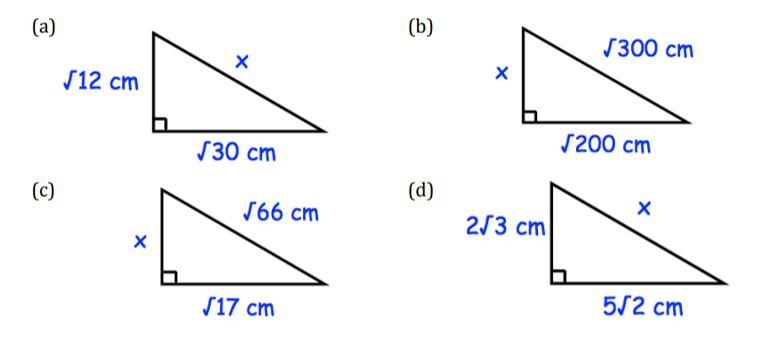 Calculate x for each of the following right angled triangles. Give your answer as-example-1