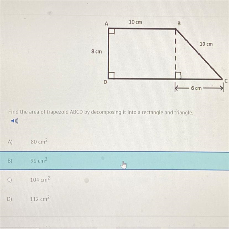 Find the area of trapezoid ABCD by decomposing it into a rectangle and triangle. A-example-1