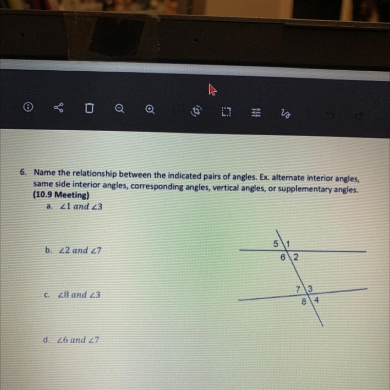 6. Name the relationship between the indicated pairs of angles. Ex. alternate interior-example-1