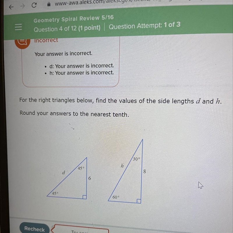 Right triangles below, find the values of the lengths d and h. Round your answers-example-1