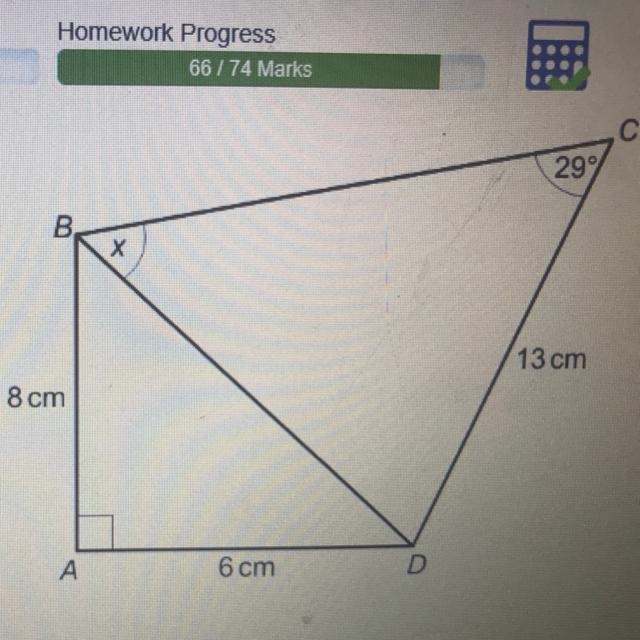 ABCD is a quadrilateral. Work out angle x. В. B 8 cm A X 6 cm D FIND x ( ABCD IS A-example-1