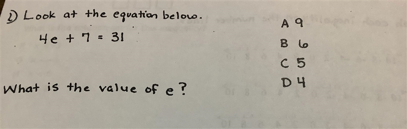 Look at the equation below 4e+7=31 What is the value of e?-example-1