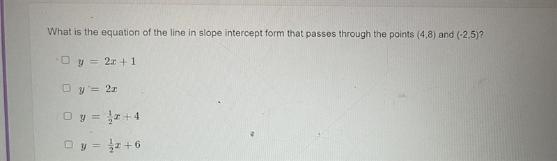 What is the equation of the line in slope intercept form that passes through the points-example-1