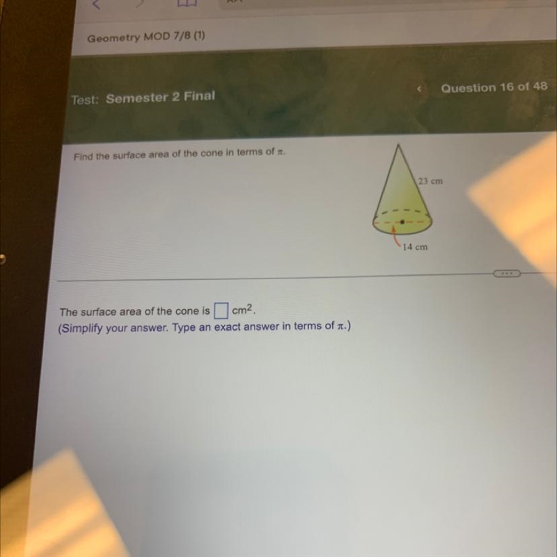 Find the surface area of the cone in terms of pie 23 cm 14 cm-example-1