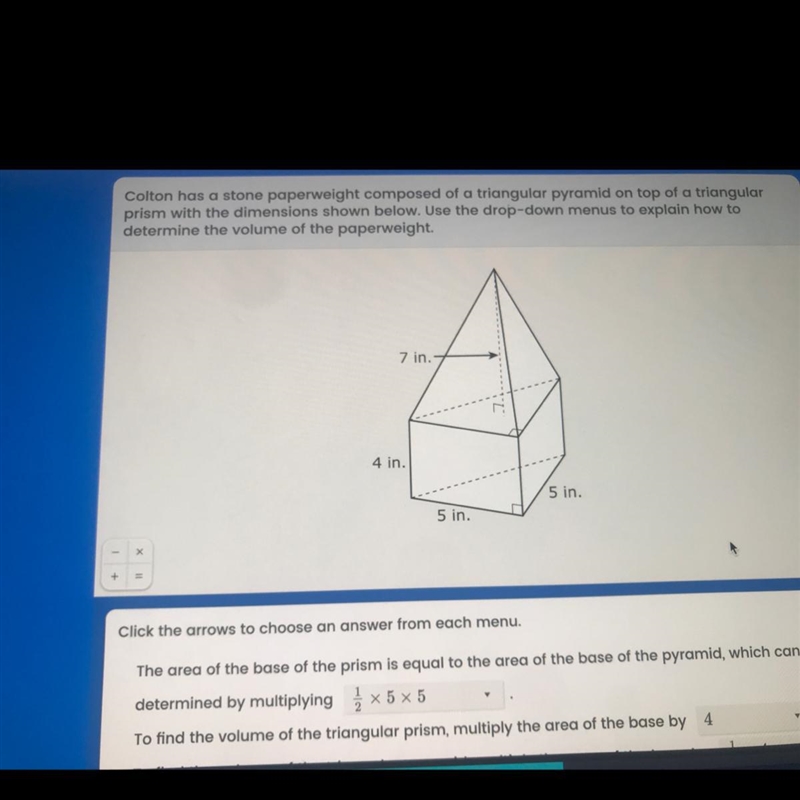 Colton has a stone paperweight composed of a triangular pyramid on top of a triangularprism-example-1