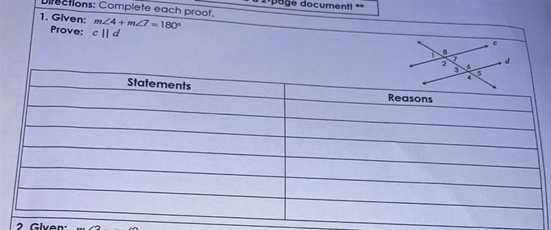 Given: m<4 + m<7 = 180 degrees Prove: c || d-example-1
