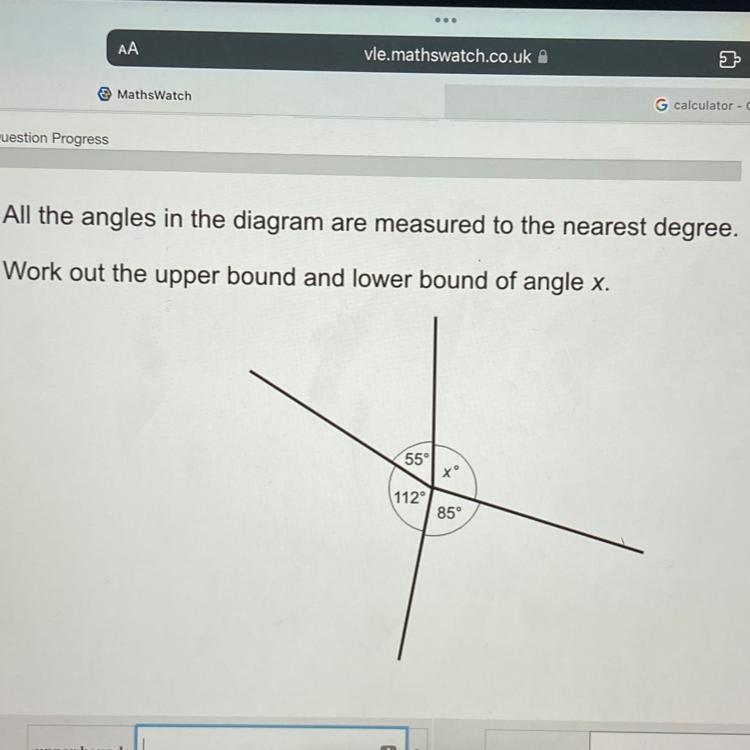 All the angles in the diagram are measured to the nearest degree. Work out the upper-example-1