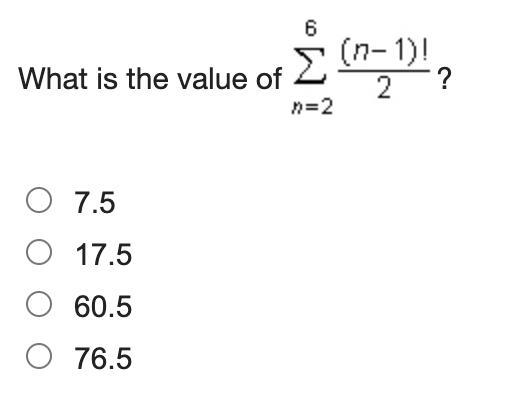 What is the value of 6 n=2 (n-1)!/2-example-1