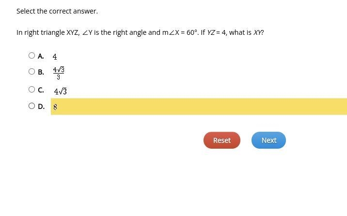 In right triangle XYZ, ∠Y is the right angle and m∠X = 60°. If YZ = 4, what is XY-example-1