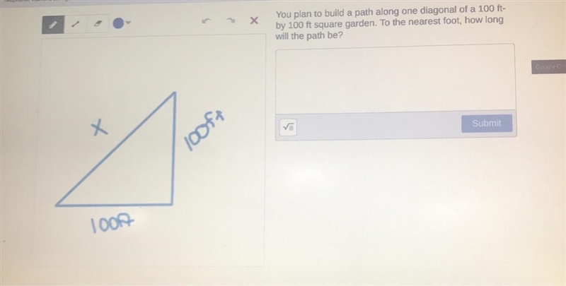 SchoYou plan to build a path along one diagonal of a 100 ft-by 100 ft square garden-example-1