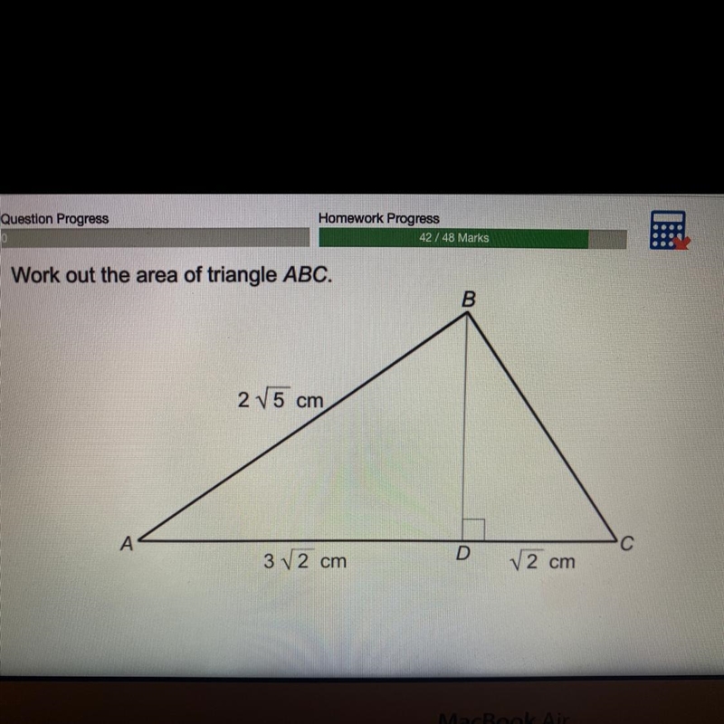 Work out the area of triangle ABC. B. 25 cm A 32 cm D 2 cm-example-1