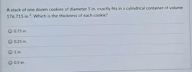 A stack of one dozen cookies of diameter 5 in,.....-example-1