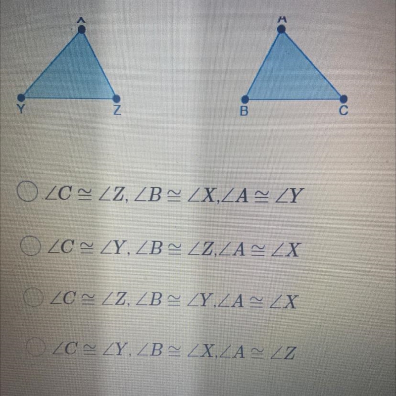 7 need help A reflection maps AABC onto AXYZ. List the corresponding congruent pairs-example-1