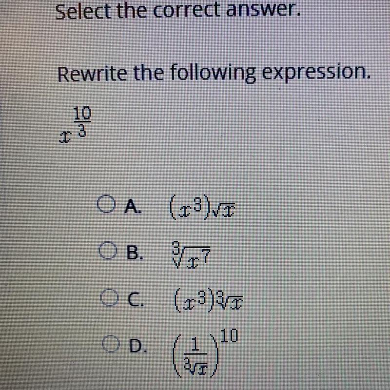 Rewrite the following expression. 10 3 OA (23) O B. Oc. (alia 10 OD. 1-example-1