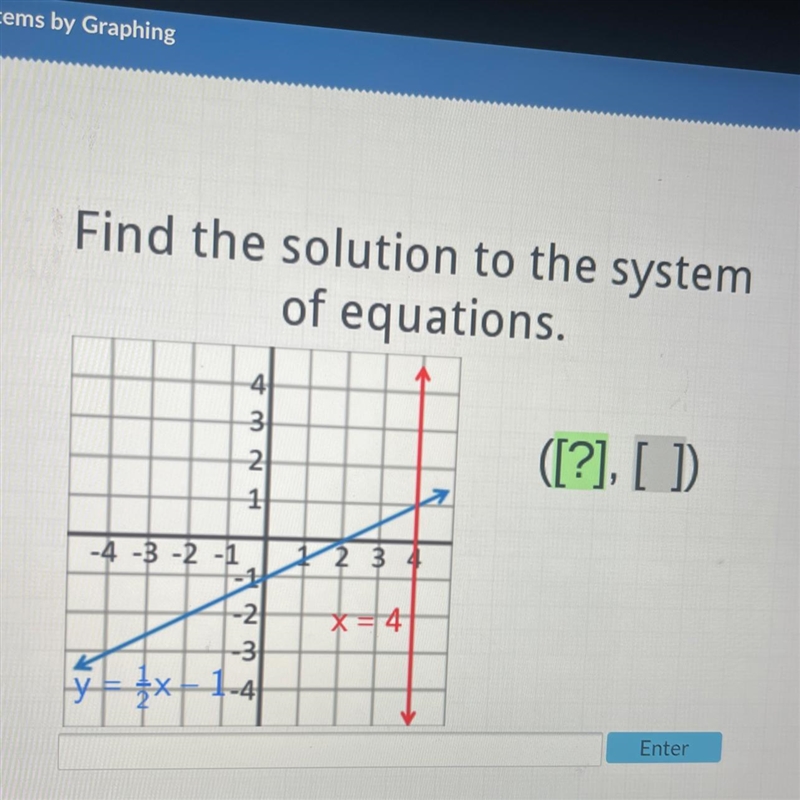 Find the solution to the system of equations. Y=1/2x-1 and x=4-example-1