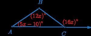 In triangle ABC, m∠A=(5x−10)∘, m∠B=(12x)∘, and the exterior angle at C is (16x)∘. What-example-1