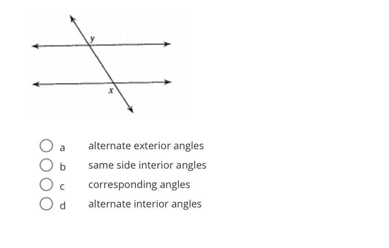 Identify the type of angle shown A. Alternate exterior angles B. Same side interior-example-1