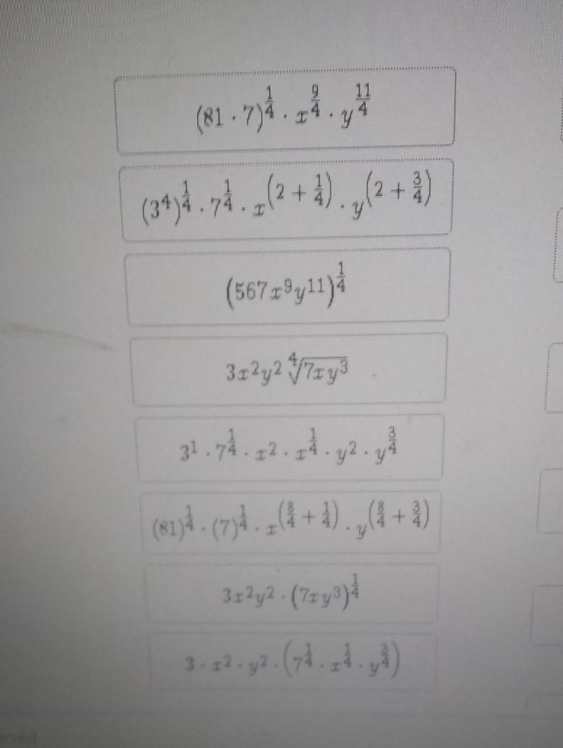 I need help breaking it down step by step\sqrt[4]{567x^(9)y^(11) }-example-1