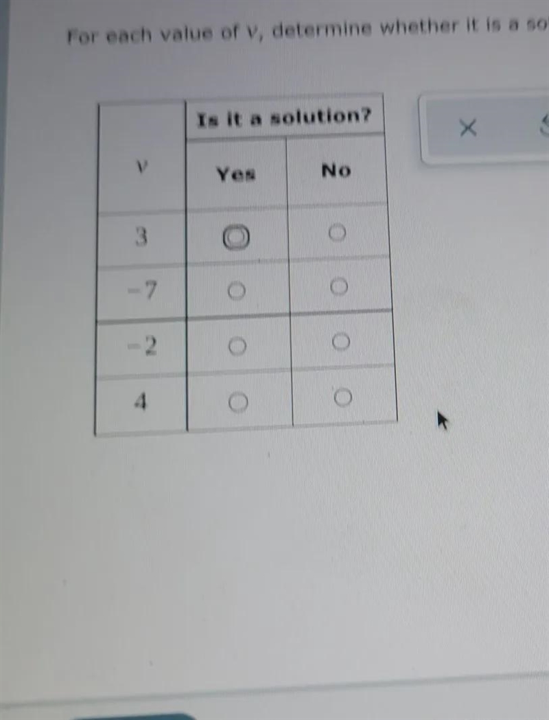 For each value of v,determine whether it is a solution to 2v+5=1-example-1