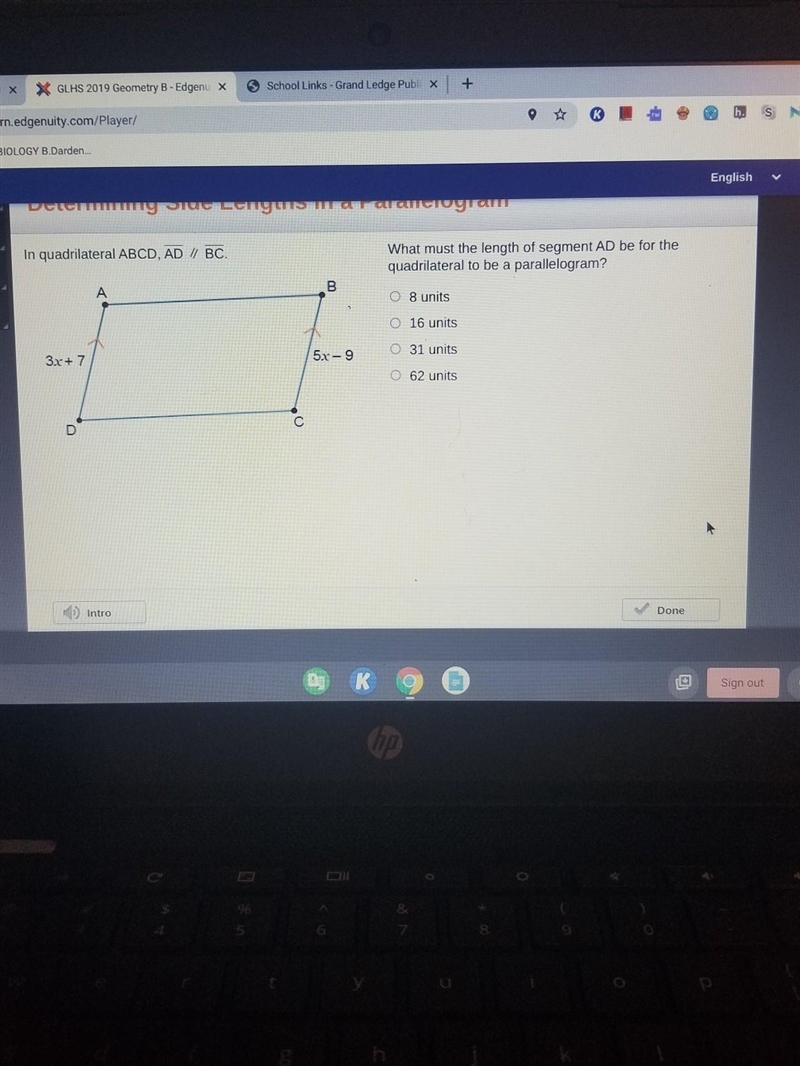 In quadrilateral ABCD, AD // BC. What must the length of segment AD be for the quadrilateral-example-1