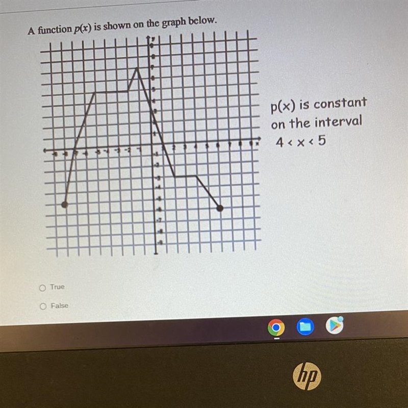 A function p(x) is shown on the graph below. O True O False + p(x) is constant on-example-1