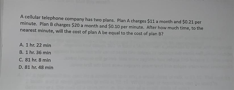 After how much time to the nearest minute Will the cost of plan a be equal to the-example-1