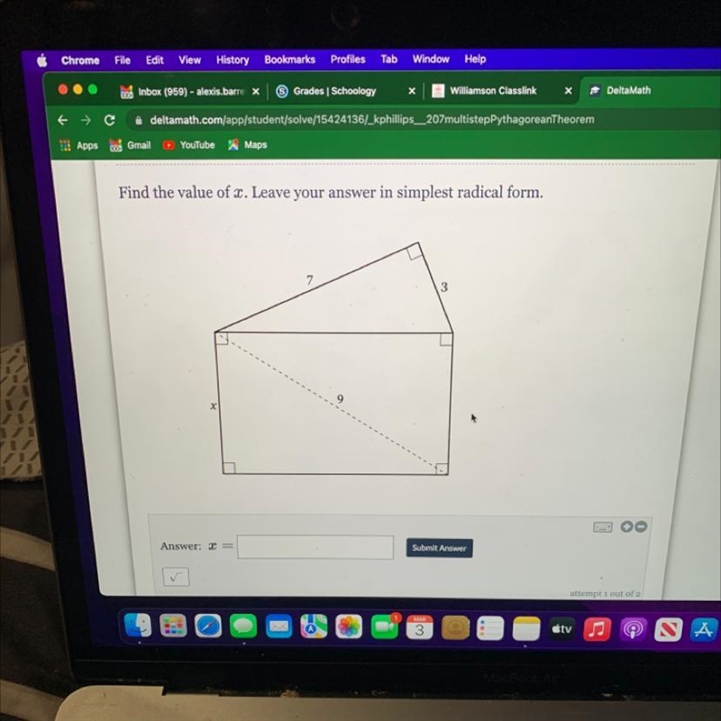 Find the value of x. Leave your answer in simplest radical form.-example-1