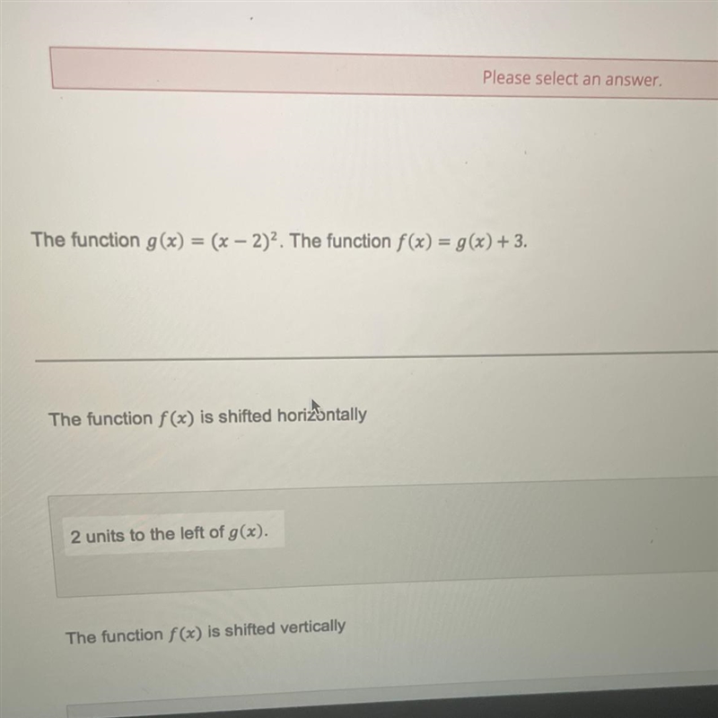 The function g(x) = (3-2). The function f(x) = g() +3. The function f() is shifted-example-1