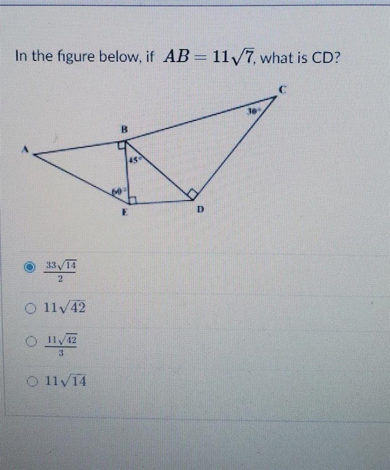 I think the answer is the first one. (33 √(14) )/(2)am I right?-example-1