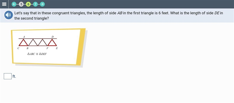 Let’s say that in these congruent triangles, the length of side AB in the first triangle-example-1