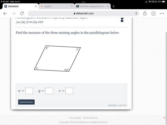 Find the measure of the three missing angles in the parallelogram below.-example-1