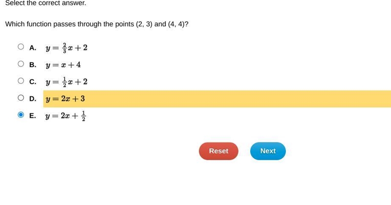 Select the correct answer. Which function passes through points (2, 3) and (4, 4)?-example-1