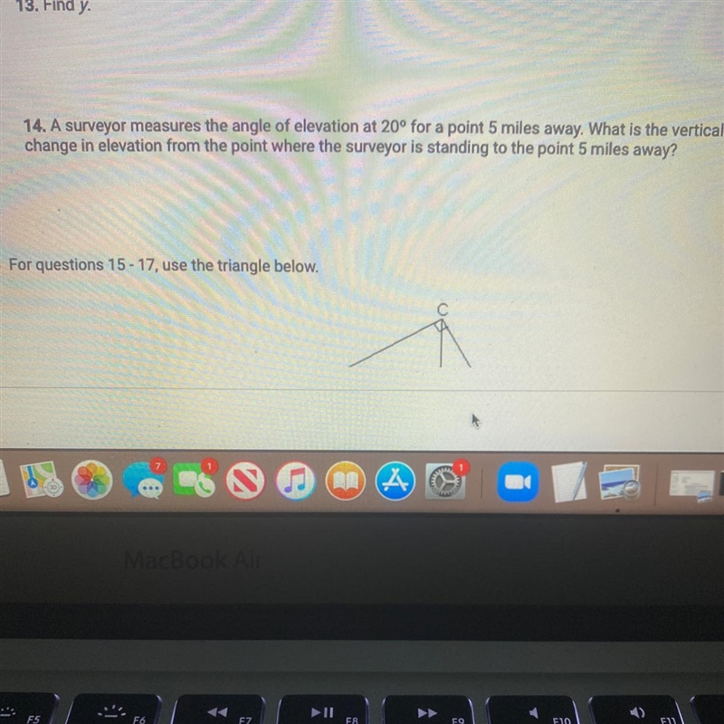 A surveyor measures the angle of elevation at 20° for a point 5 miles away what is-example-1