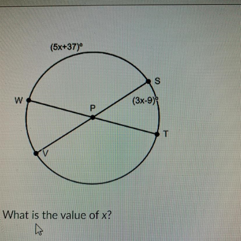 (5x+37)" S W (3x-9) Р T What is the value of x?-example-1