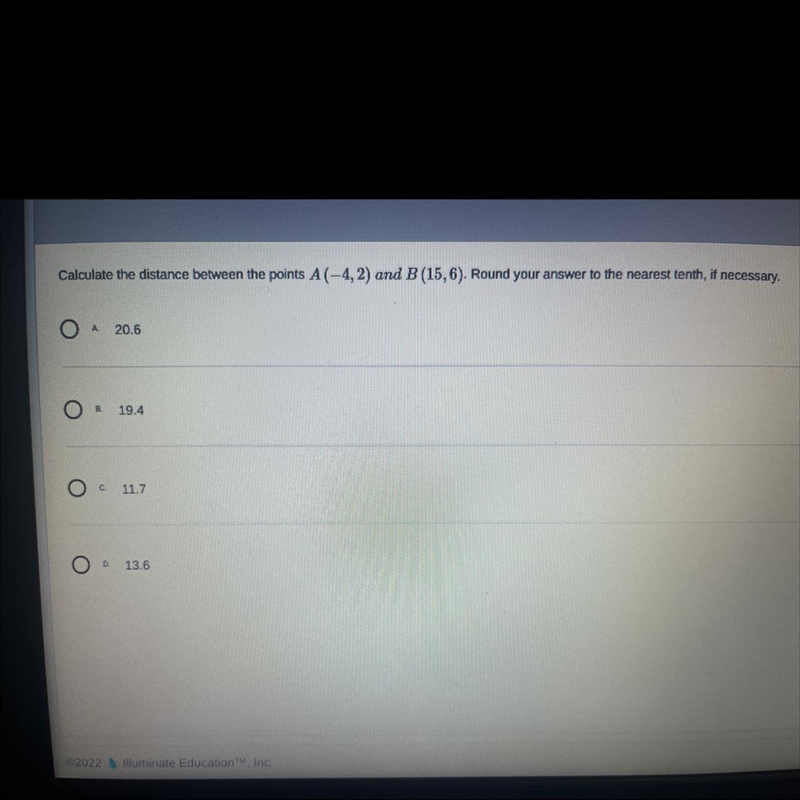 Calculate the distance between the points A (-4, 2) and B (15, 6). Round your answer-example-1