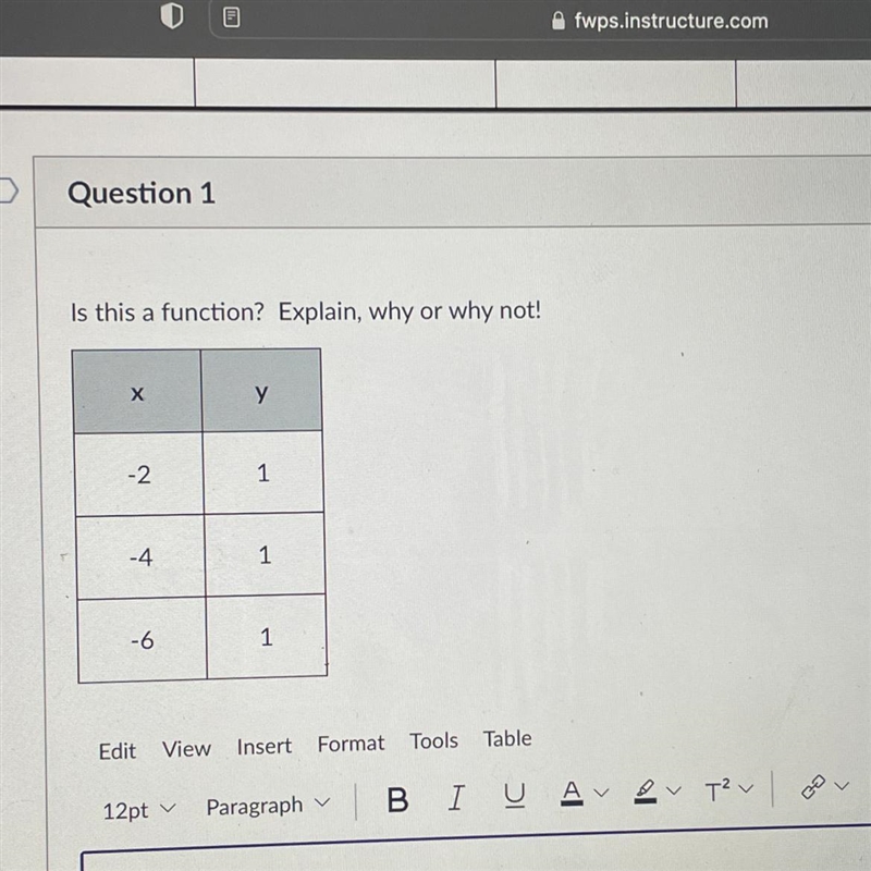 Question 1 Is this a function? Explain, why or why not! X -2 -4 -6 y 1 1 1 Edit View-example-1