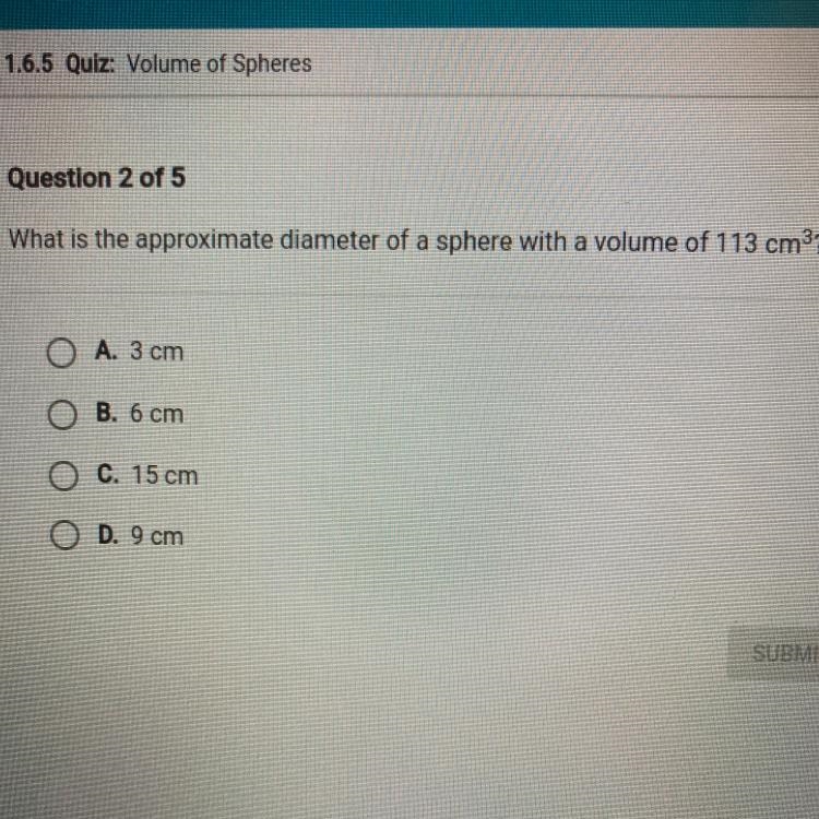 What is the approximate diameter of a sphere with a volume of 113 cm^3￼￼￼￼￼-example-1