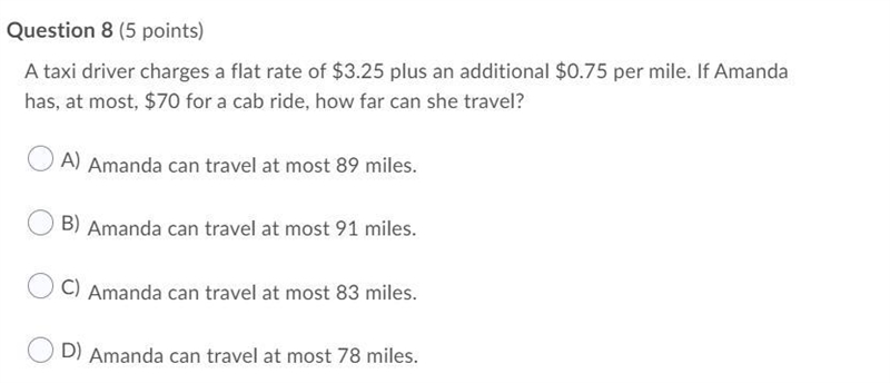 A taxi driver charges a flat rate of $3.25 plus an additional $0.75 per mile. If Amanda-example-1