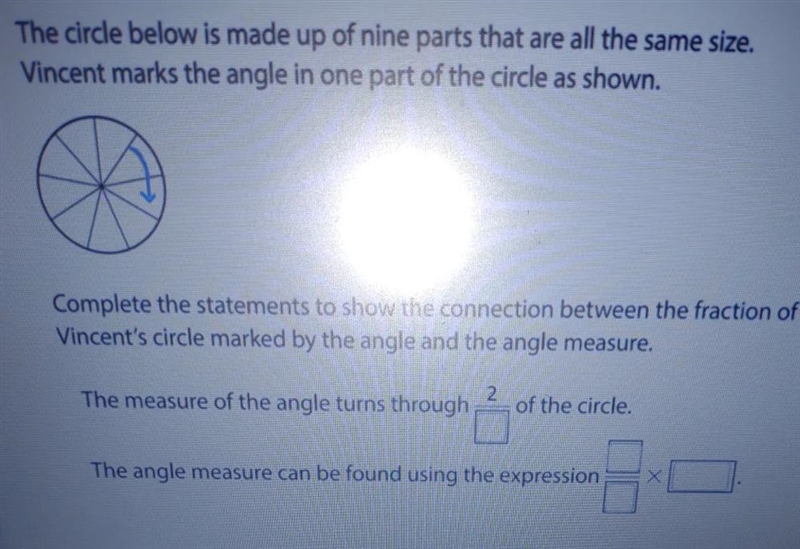 The circle below is made up of nine parts that are all the same size, Vincent marks-example-1