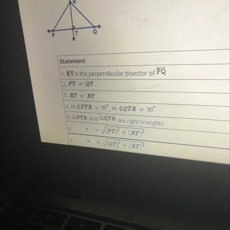 In the figure RT is a perpendicular bisector of PQ NEED HELP WITH 6 and 7Answer choices-example-1