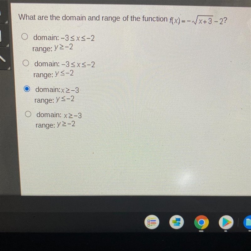 What are the domain and range of the function f(x)=- *square root* x+3 - 2?-example-1