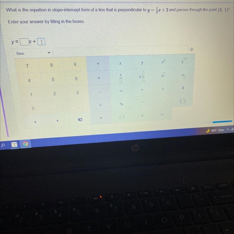 What is the equation in slope-intercept form of a line that is perpendicular to y-example-1