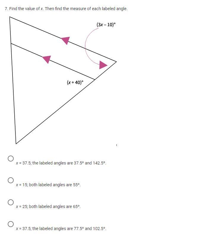 Find the value of x. Then find the measure of each labeled angle.-example-1